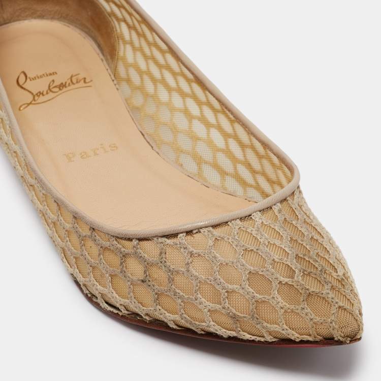 Pre Owned Christian Louboutin Beige Leather and Mesh Pigaresille Ballet Flats Size 38