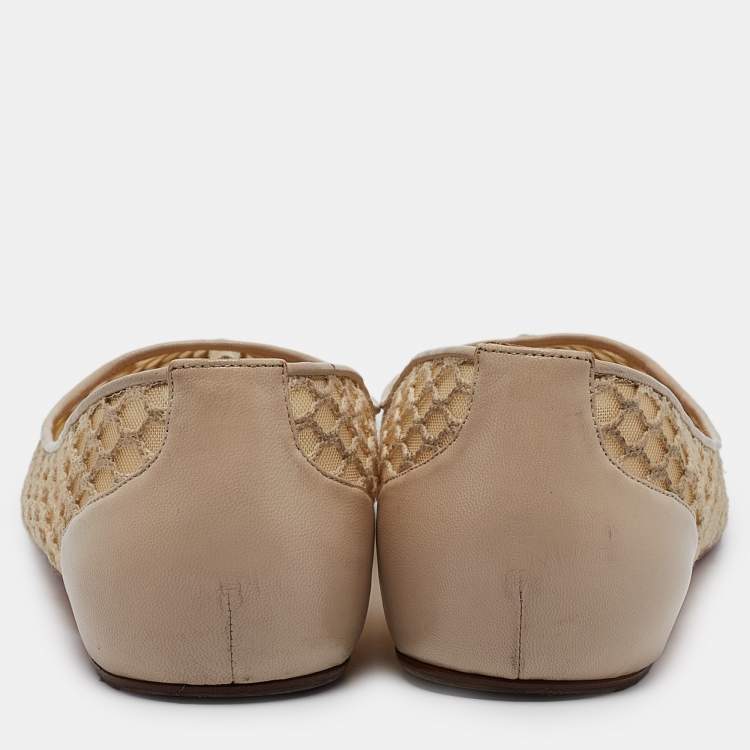 Pre Owned Christian Louboutin Beige Leather and Mesh Pigaresille Ballet Flats Size 38