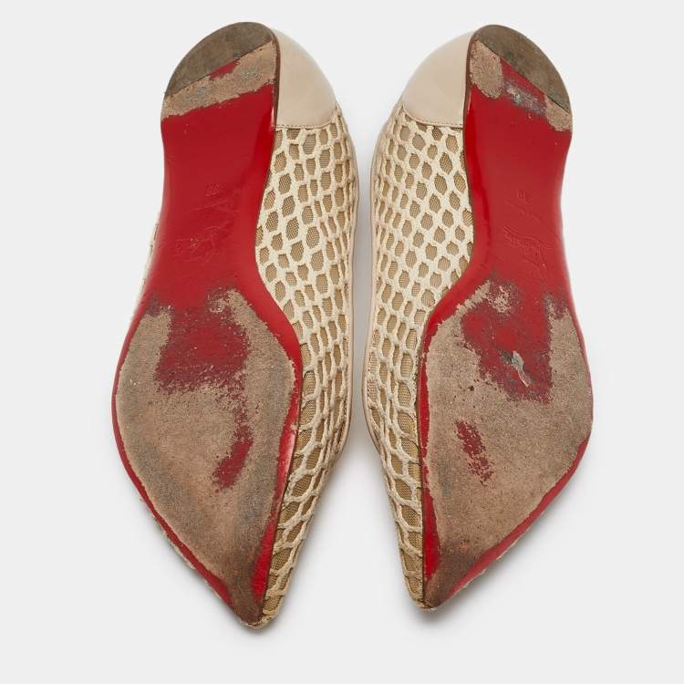 Pre Owned Christian Louboutin Beige Leather and Mesh Pigaresille Ballet Flats Size 38
