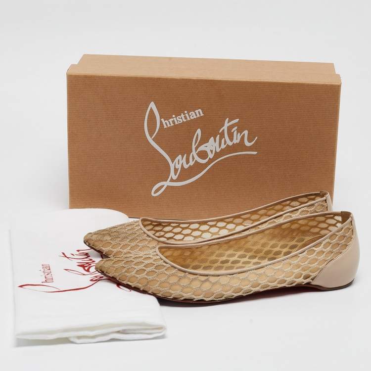 Pre Owned Christian Louboutin Beige Leather and Mesh Pigaresille Ballet Flats Size 38