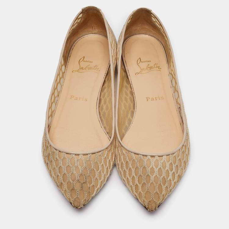 Pre Owned Christian Louboutin Beige Leather and Mesh Pigaresille Ballet Flats Size 38