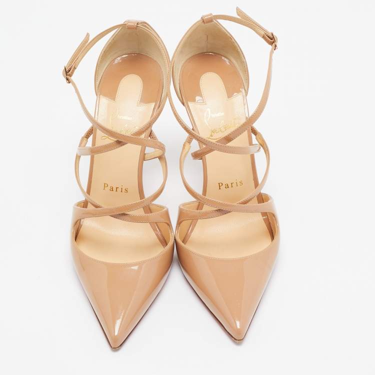 Pre Owned Christian Louboutin Beige Patent Leather Crossfliketa Pumps Size 37