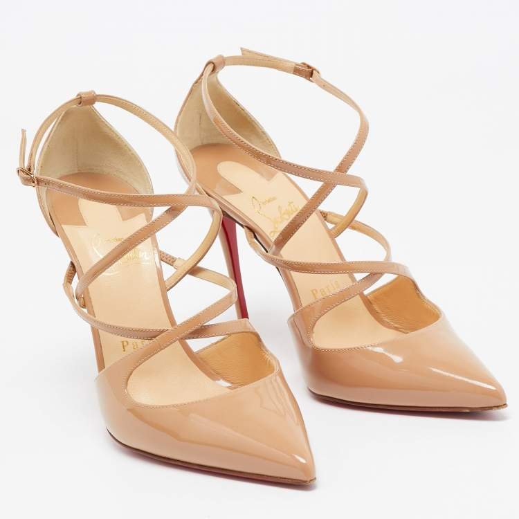 Pre Owned Christian Louboutin Beige Patent Leather Crossfliketa Pumps Size 37