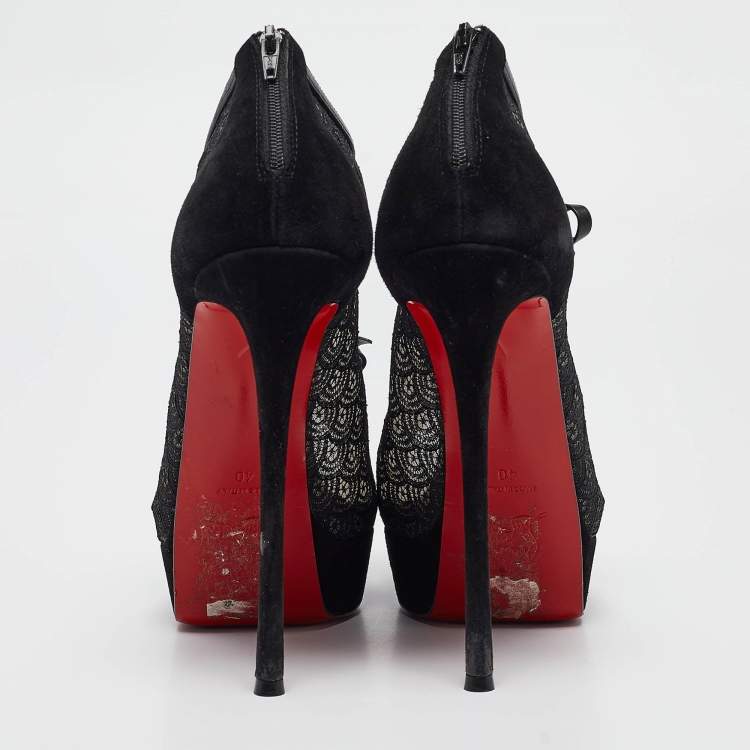 Pre Owned Christian Louboutin Black Lace and Suede Empiralta Booties Size 40