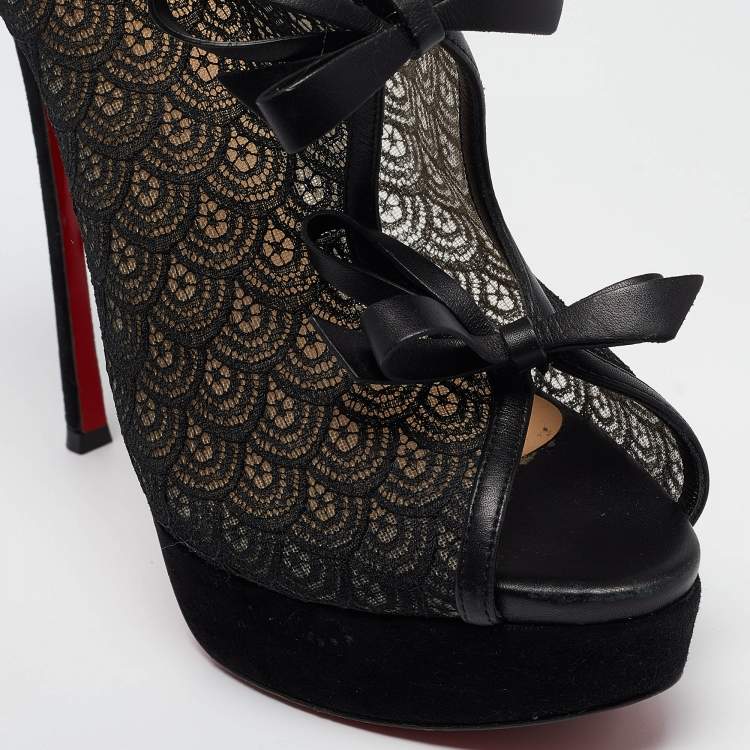 Pre Owned Christian Louboutin Black Lace and Suede Empiralta Booties Size 40