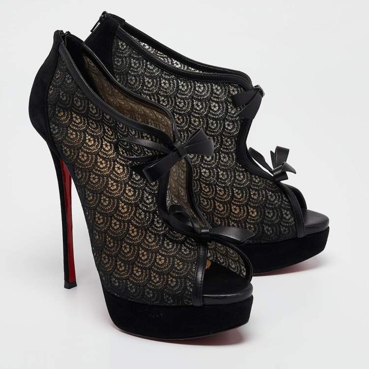 Pre Owned Christian Louboutin Black Lace and Suede Empiralta Booties Size 40