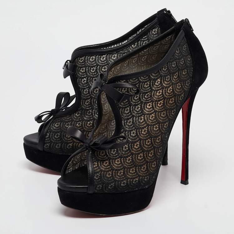 Pre Owned Christian Louboutin Black Lace and Suede Empiralta Booties Size 40
