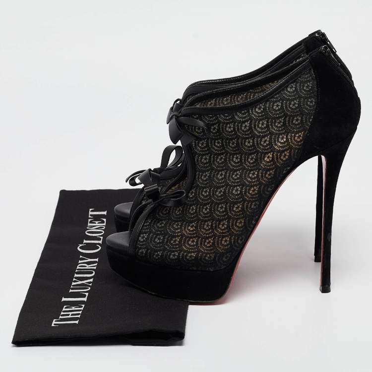 Pre Owned Christian Louboutin Black Lace and Suede Empiralta Booties Size 40