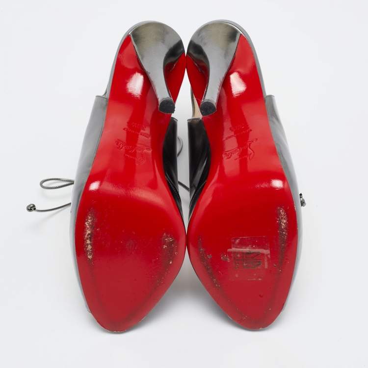 Pre Owned Christian Louboutin Silver Leather Allegra Peep-Toe Sandals Size 38.5