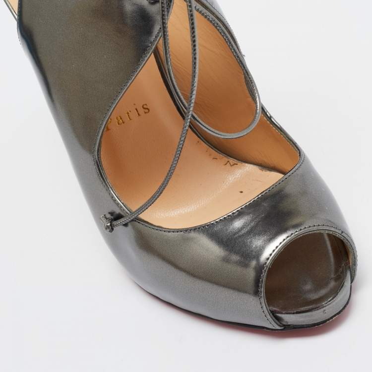 Pre Owned Christian Louboutin Silver Leather Allegra Peep-Toe Sandals Size 38.5