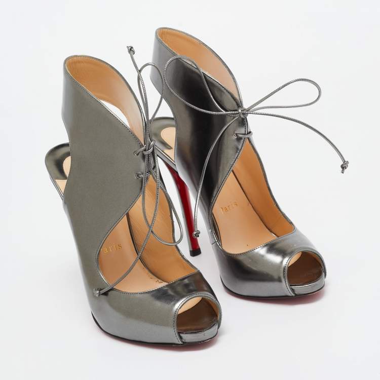 Pre Owned Christian Louboutin Silver Leather Allegra Peep-Toe Sandals Size 38.5