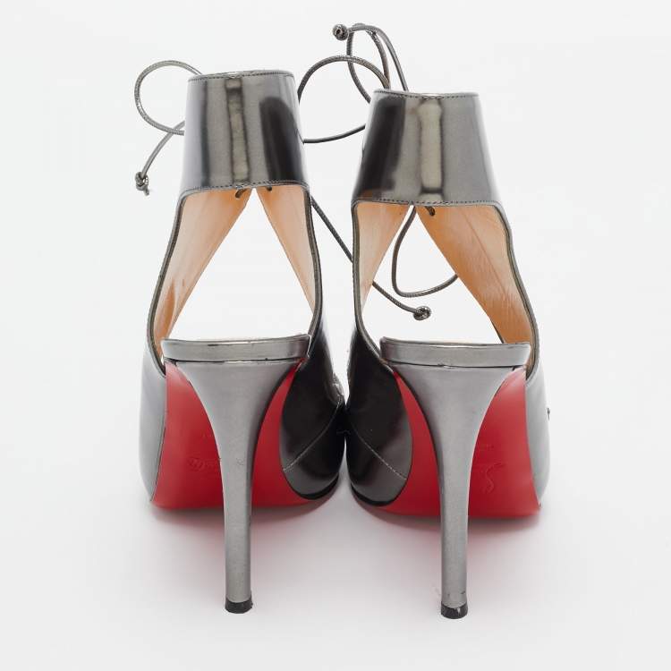 Pre Owned Christian Louboutin Silver Leather Allegra Peep-Toe Sandals Size 38.5