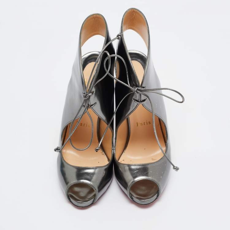 Pre Owned Christian Louboutin Silver Leather Allegra Peep-Toe Sandals Size 38.5