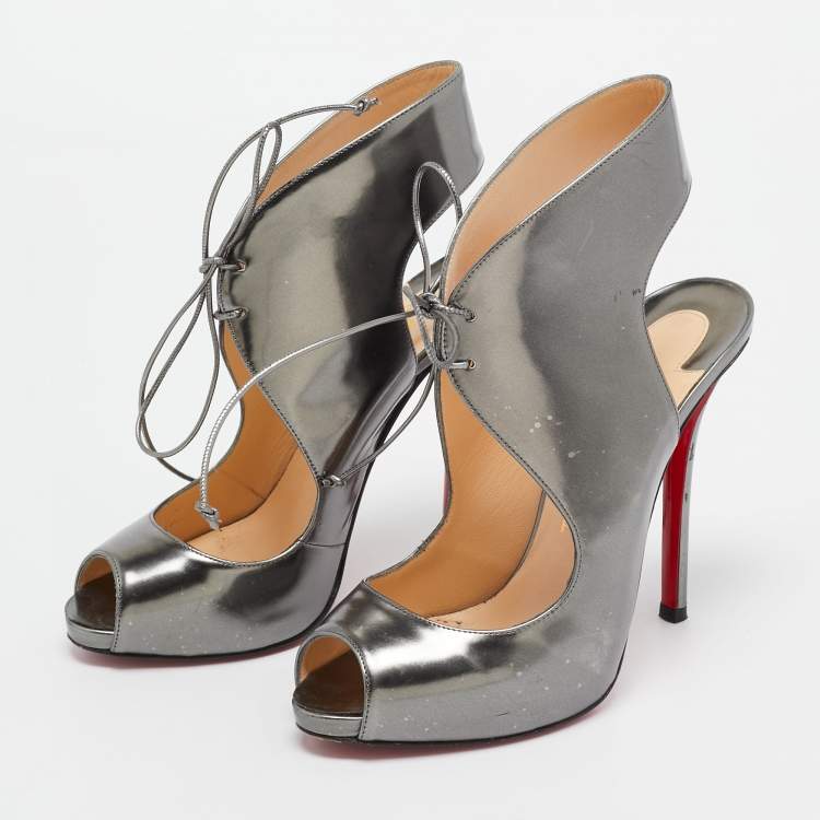 Pre Owned Christian Louboutin Silver Leather Allegra Peep-Toe Sandals Size 38.5
