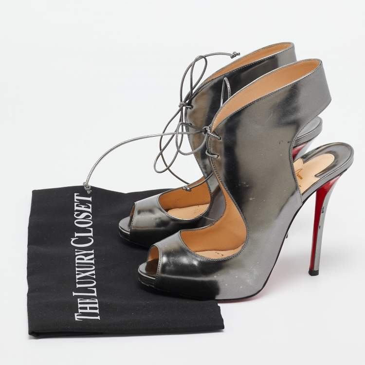 Pre Owned Christian Louboutin Silver Leather Allegra Peep-Toe Sandals Size 38.5