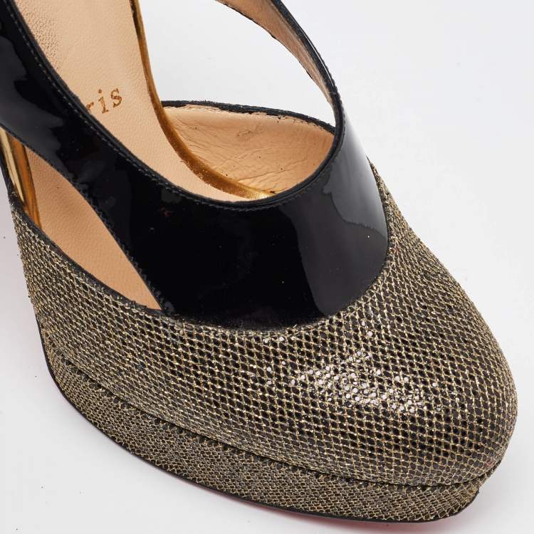Pre Owned Christian Louboutin Black/Gold Patent and Mesh Platform Slingback Pumps Size 37