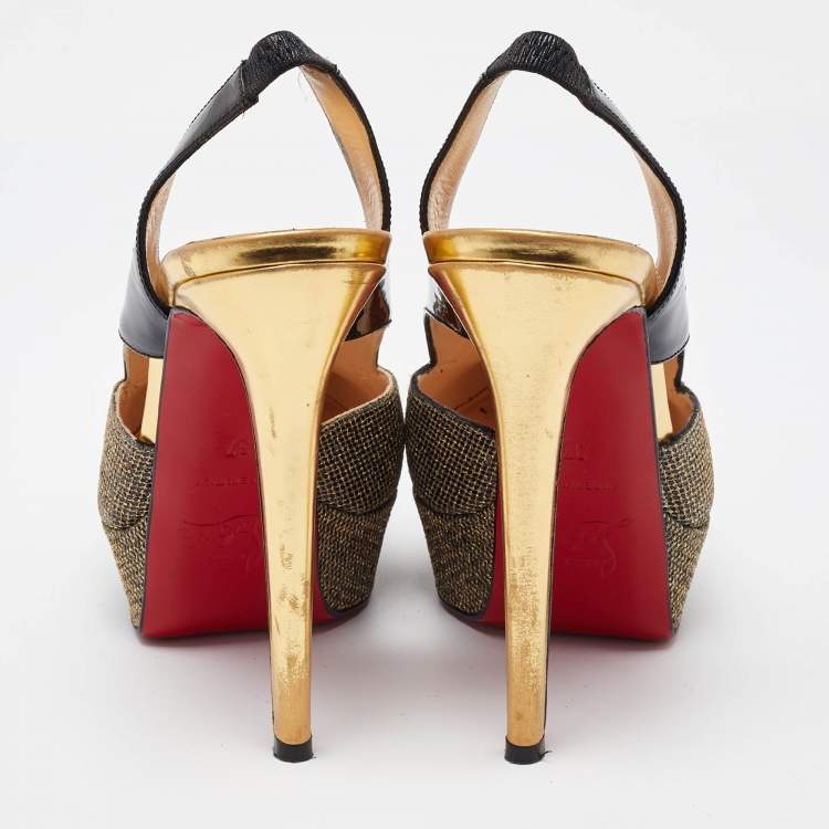 Pre Owned Christian Louboutin Black/Gold Patent and Mesh Platform Slingback Pumps Size 37