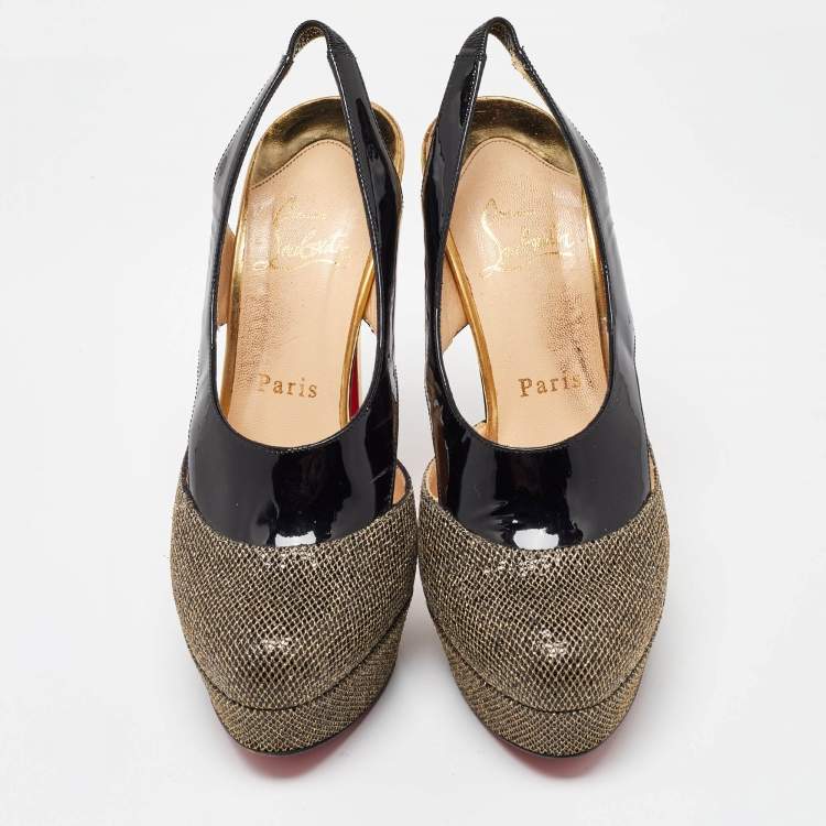Pre Owned Christian Louboutin Black/Gold Patent and Mesh Platform Slingback Pumps Size 37