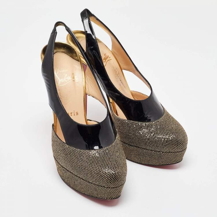 Pre Owned Christian Louboutin Black/Gold Patent and Mesh Platform Slingback Pumps Size 37
