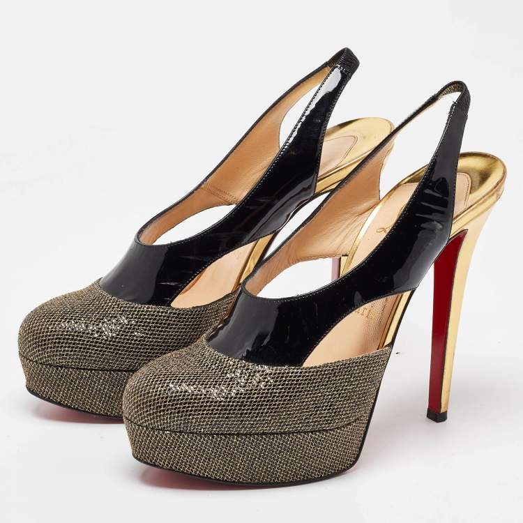 Pre Owned Christian Louboutin Black/Gold Patent and Mesh Platform Slingback Pumps Size 37
