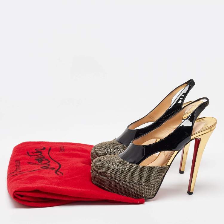 Pre Owned Christian Louboutin Black/Gold Patent and Mesh Platform Slingback Pumps Size 37