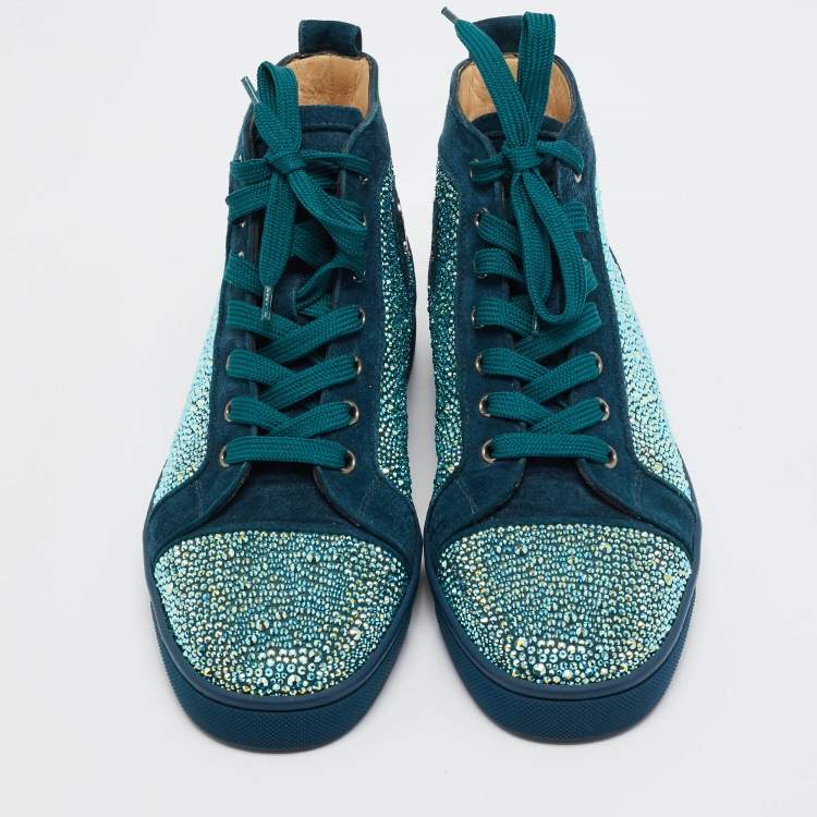 Pre Owned Christian Louboutin Green  Suede Louis Strass High Top Sneakers Size 40