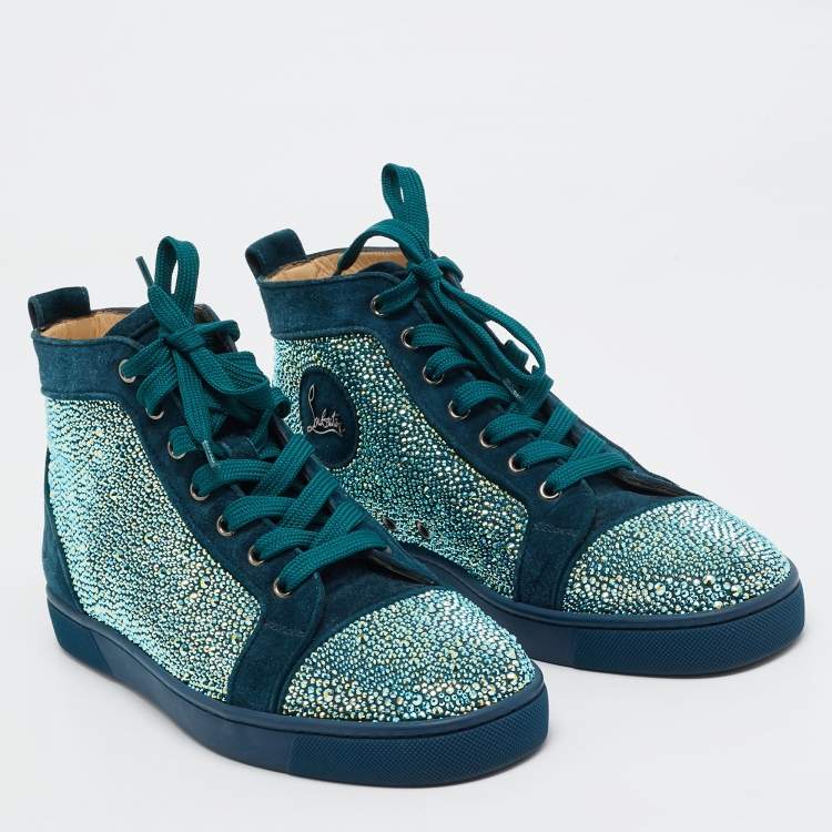Pre Owned Christian Louboutin Green  Suede Louis Strass High Top Sneakers Size 40