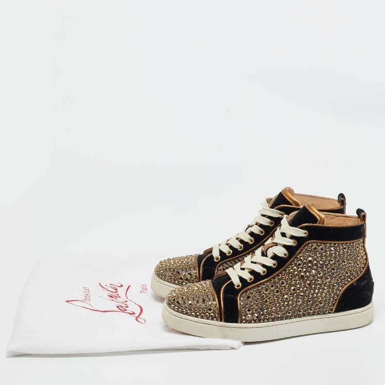 Pre Owned Christian Louboutin Black/Gold Velvet Studded Louis Sneakers Size 40