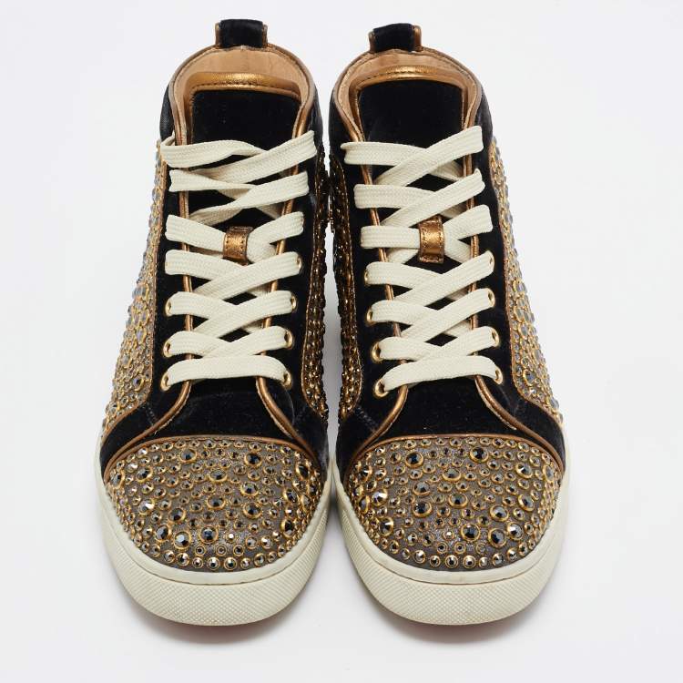 Pre Owned Christian Louboutin Black/Gold Velvet Studded Louis Sneakers Size 40
