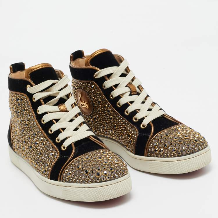Pre Owned Christian Louboutin Black/Gold Velvet Studded Louis Sneakers Size 40