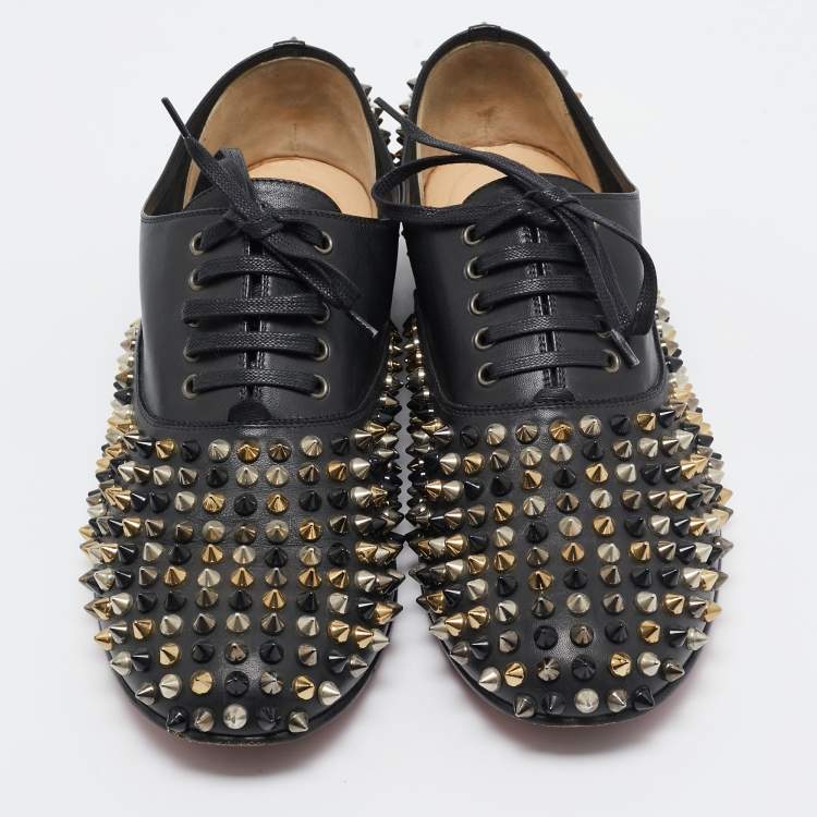Pre Owned Christian Louboutin Black Leather Freddy Spike Oxfords Size 40.5