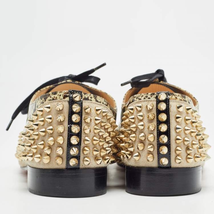 Pre Owned Christian Louboutin Brown/Black Suede and PVC Freddy Spike Oxfords Size 40.5