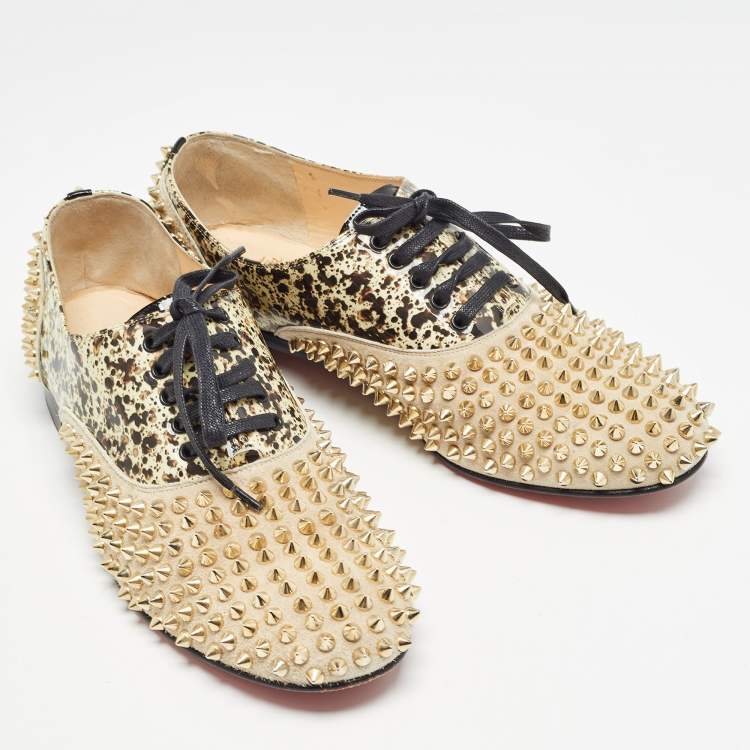 Pre Owned Christian Louboutin Brown/Black Suede and PVC Freddy Spike Oxfords Size 40.5