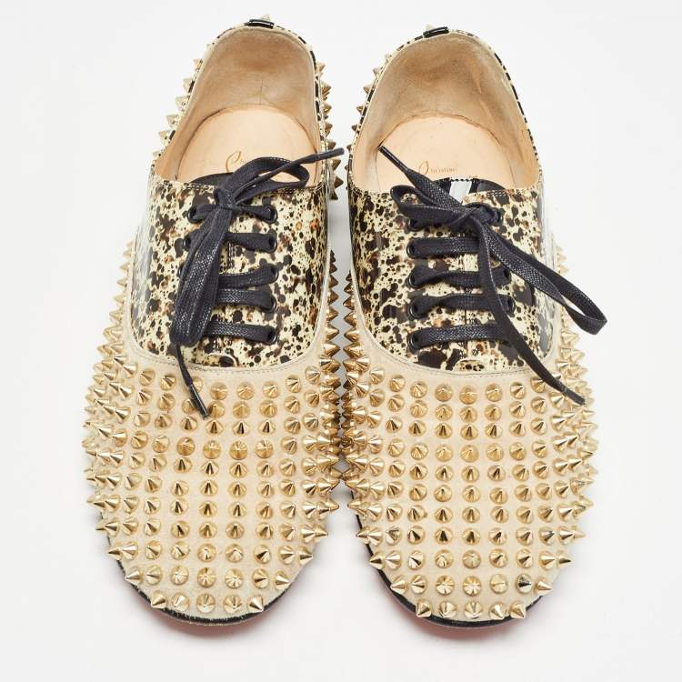 Pre Owned Christian Louboutin Brown/Black Suede and PVC Freddy Spike Oxfords Size 40.5