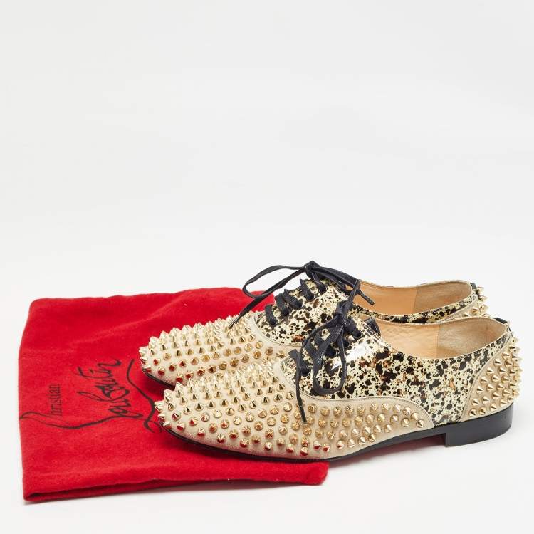 Pre Owned Christian Louboutin Brown/Black Suede and PVC Freddy Spike Oxfords Size 40.5