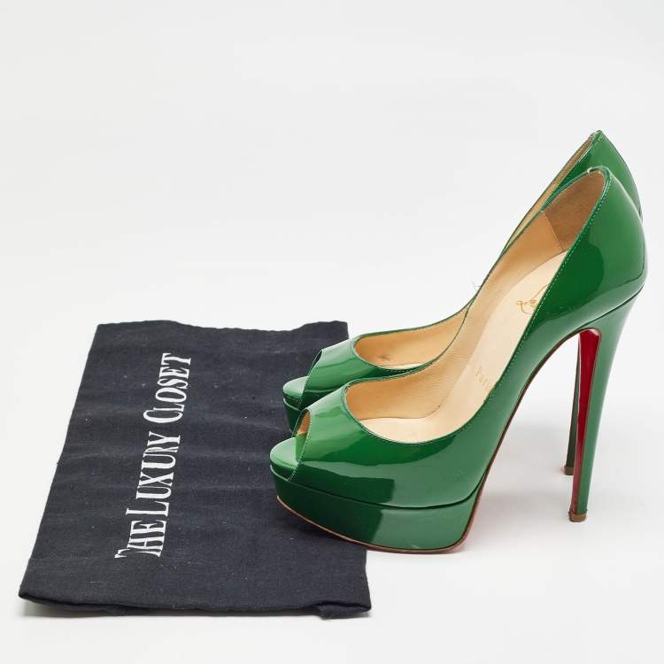 Pre Owned Christian Louboutin Green Patent Leather Lady Peep Pumps Size 35.5