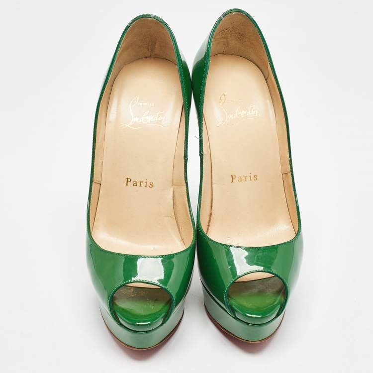 Pre Owned Christian Louboutin Green Patent Leather Lady Peep Pumps Size 35.5