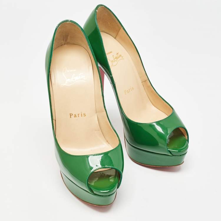 Pre Owned Christian Louboutin Green Patent Leather Lady Peep Pumps Size 35.5