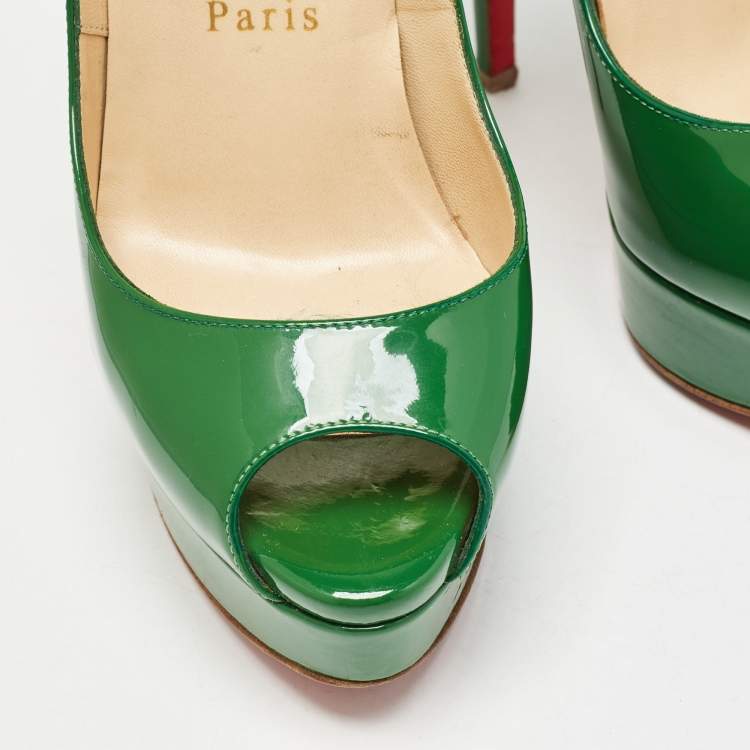 Pre Owned Christian Louboutin Green Patent Leather Lady Peep Pumps Size 35.5