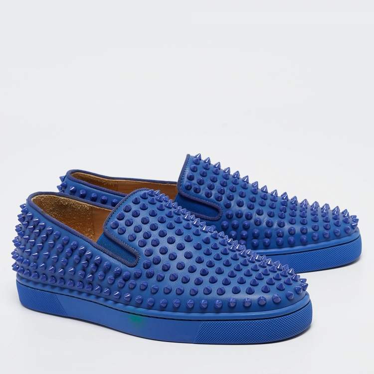 Pre Owned Christian Louboutin Blue Leather Roller Boat Spike Slip On Sneakers Size 40