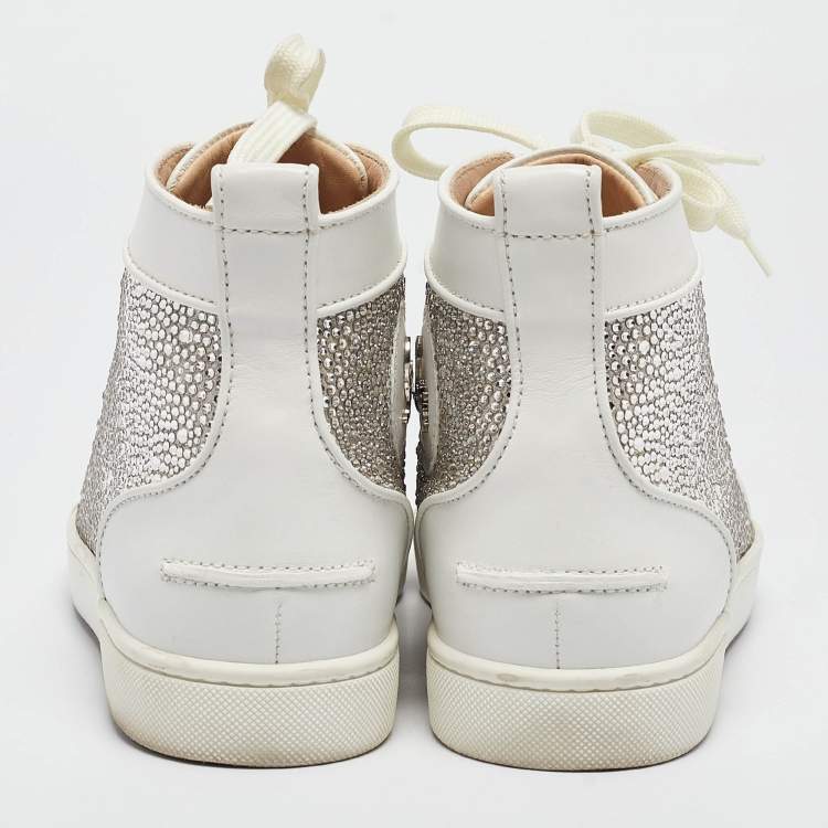 Pre Owned Christian Louboutin White Leather and Crystal Louis Strass High Top Sneakers Size 40