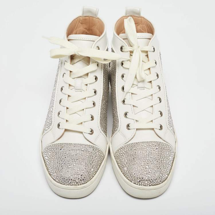 Pre Owned Christian Louboutin White Leather and Crystal Louis Strass High Top Sneakers Size 40
