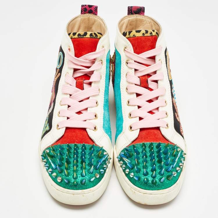 Pre Owned Christian Louboutin Multicolor Suede and Patent  Lou Spikes High Top Sneakers Size 40