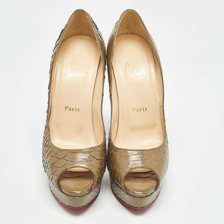Pre Owned Christian Louboutin Olive Green Python Lady Peep Pumps Size 40.5