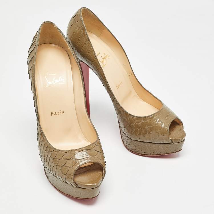 Pre Owned Christian Louboutin Olive Green Python Lady Peep Pumps Size 40.5