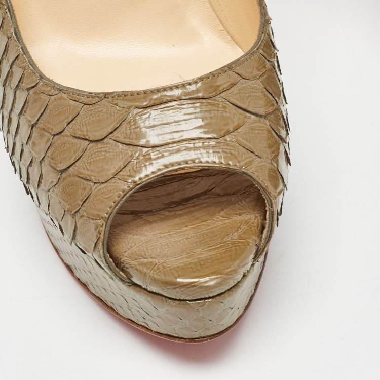 Pre Owned Christian Louboutin Olive Green Python Lady Peep Pumps Size 40.5