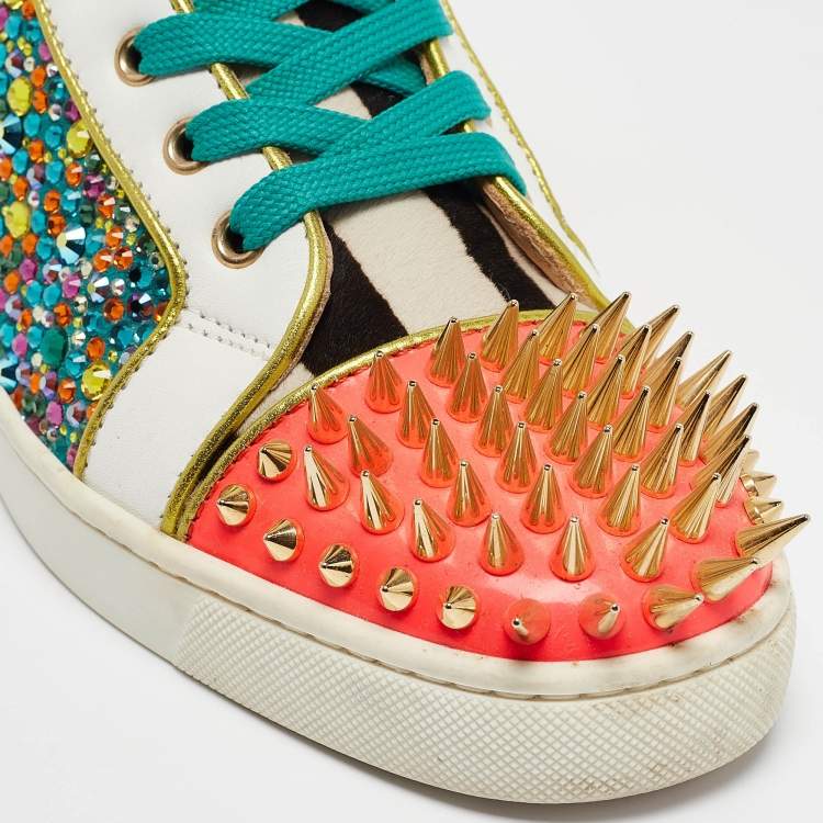 Pre Owned Christian Louboutin Multicolor Calf Hair and Leather Embellished Spikes  Sneakers Size 40