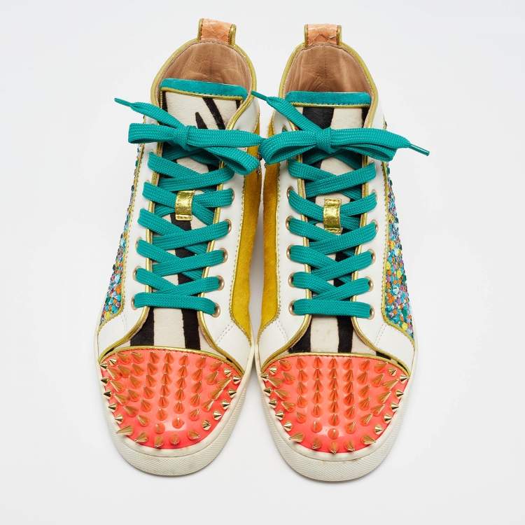Pre Owned Christian Louboutin Multicolor Calf Hair and Leather Embellished Spikes  Sneakers Size 40
