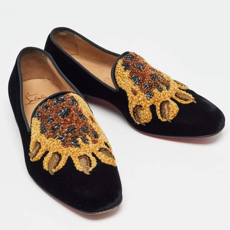 Pre Owned Christian Louboutin Black Velvet Embraided Smoking Slippers Size 40 