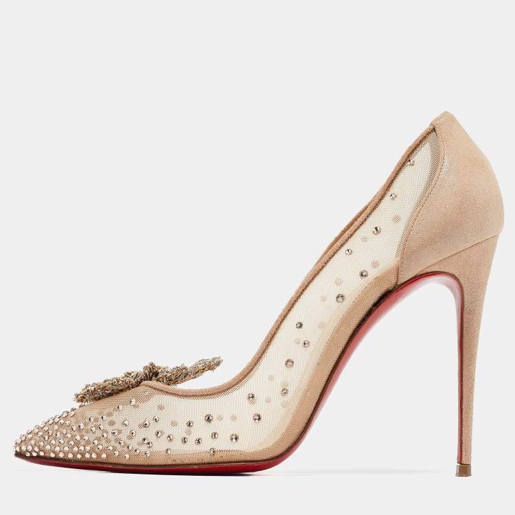 Christian Louboutin Beige Lace and Suede Feerica 100 Crystal Christian Louboutin Beige Lace and Suede Feerica 100 Crystal